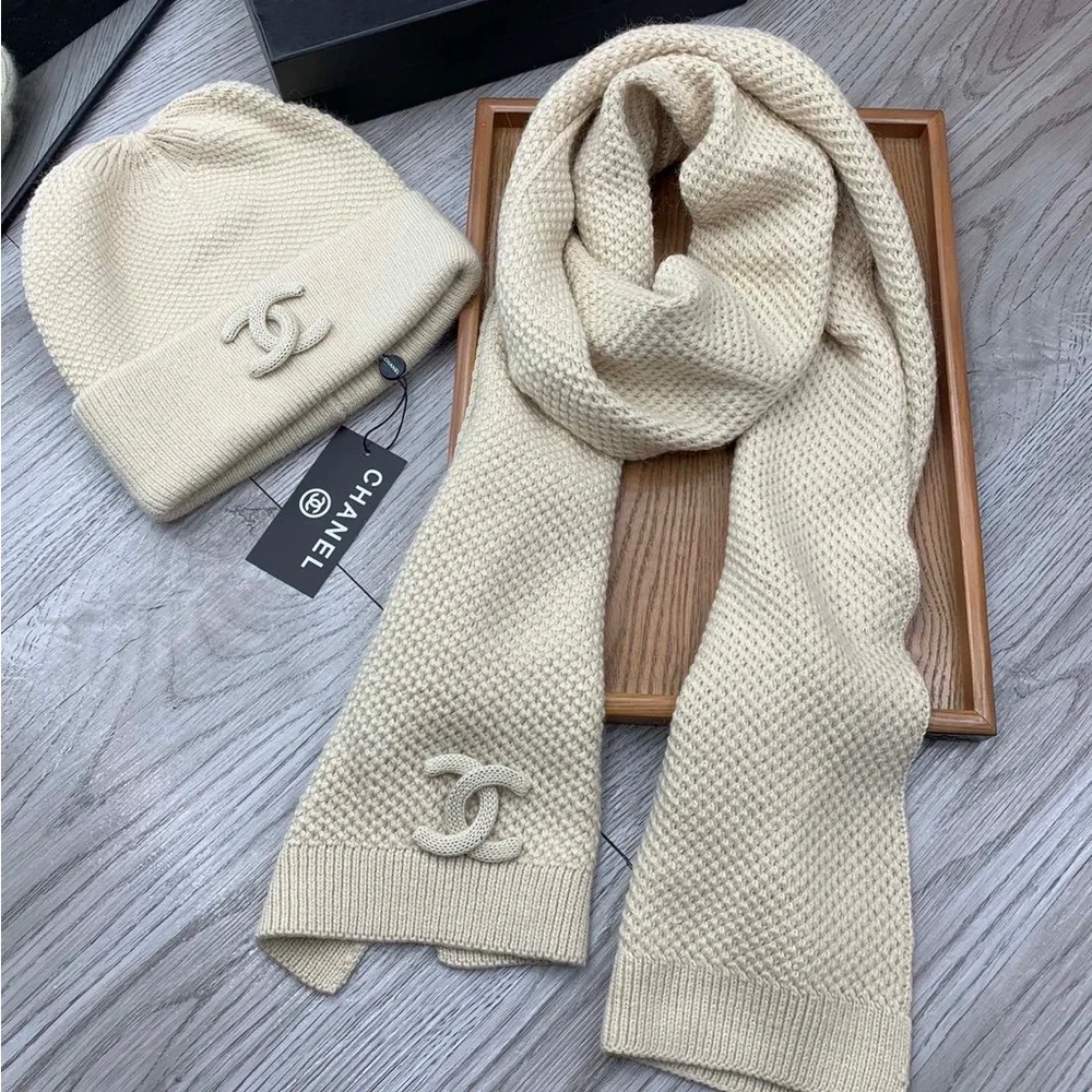Chanel Cream Knit Beanie & Scarf Set